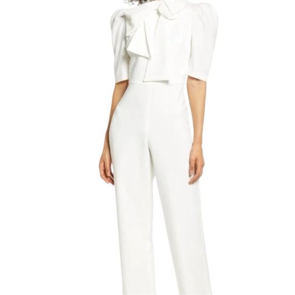 NWT Black Halo Women’s Ara Bow Neck Puff Sleeve Jumpsuit in Pearl Size 0 - Picture 4 of 6